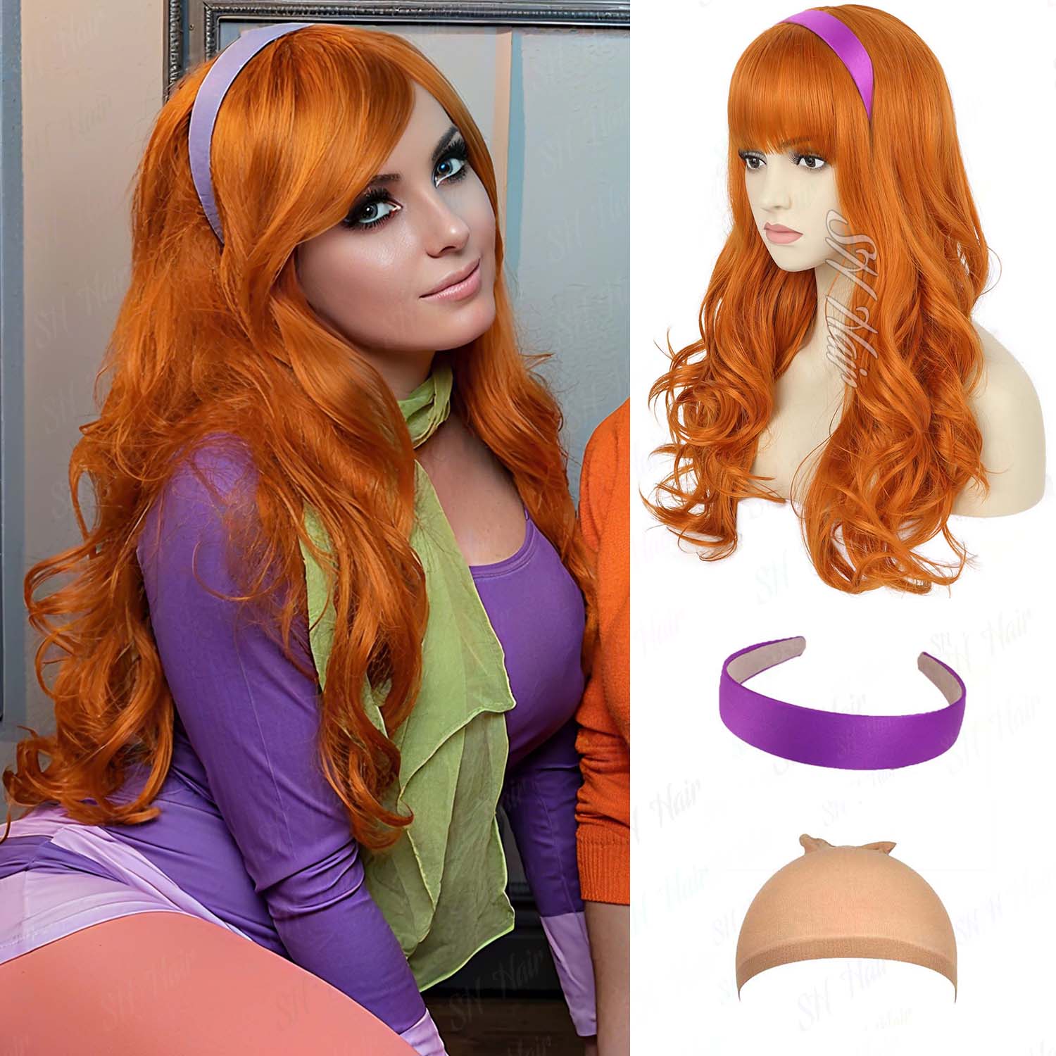 Synthetic Long Curly Orange Wi - Magnifier With Light recensione e prezzo